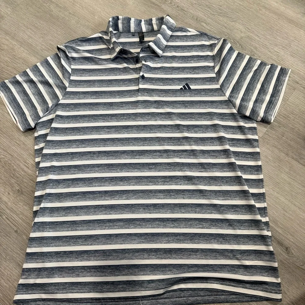 Adidas Men's Navy and White Striped Polo Shirt
